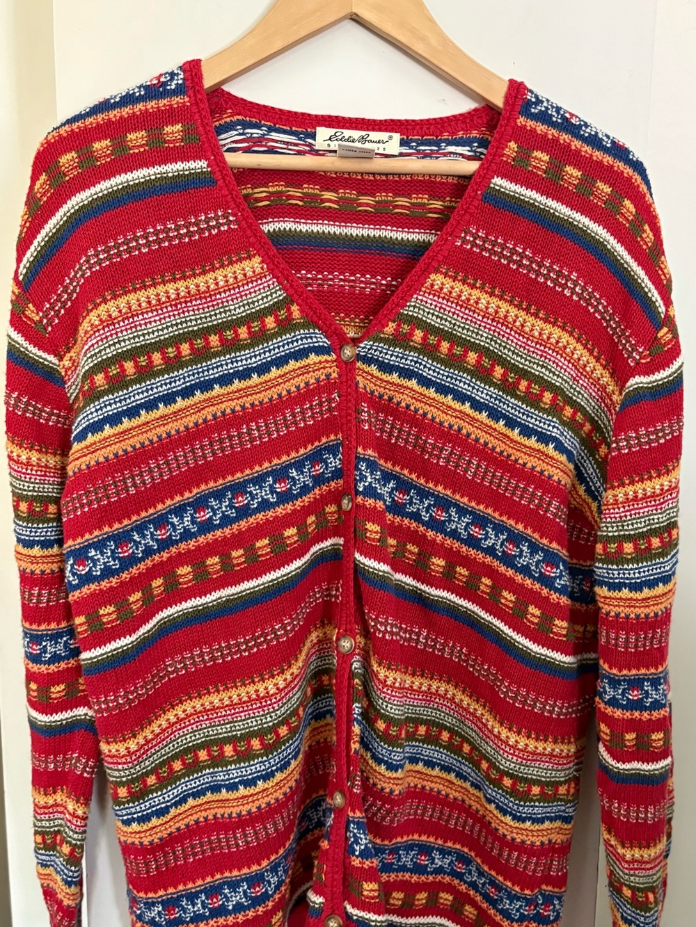 Vintage Eddie Bauer Red Multi-Color Striped V-Neck Button Cardigan